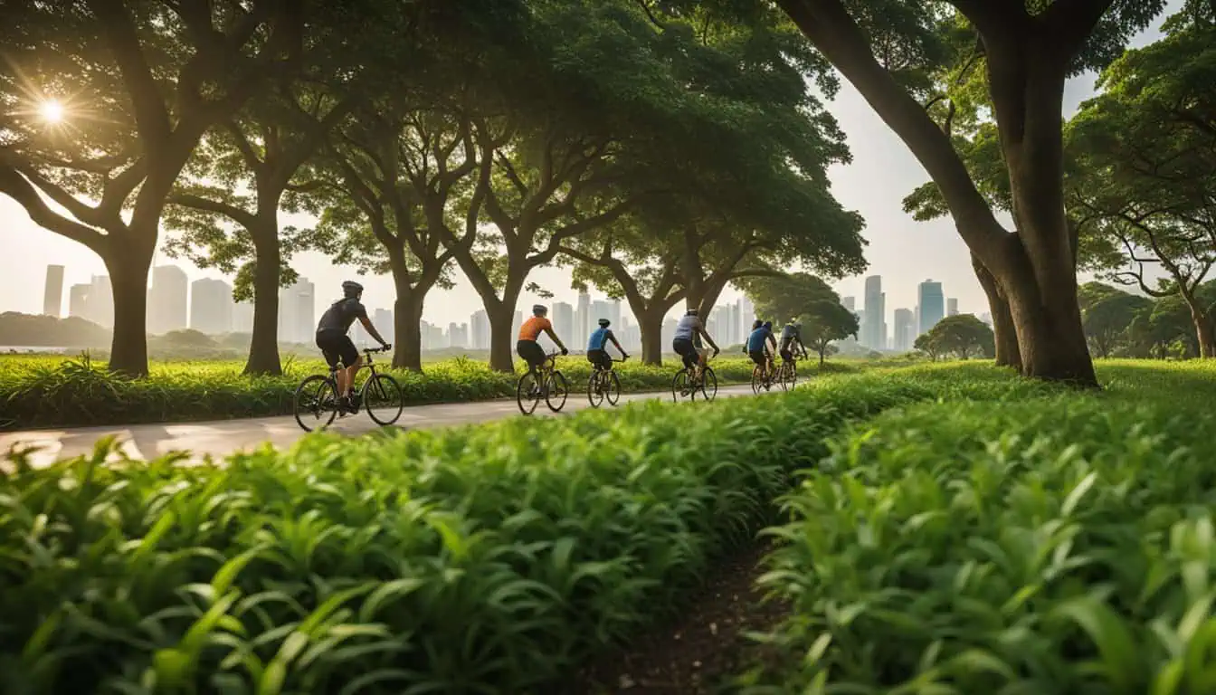 People cycling through a lush park in Singapore, surrounded by trees and vibrant green grass.