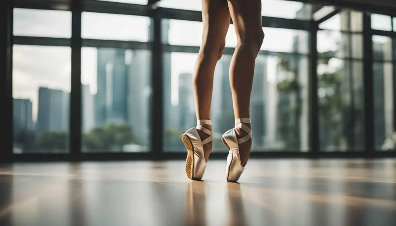 A dancer's legs in pointe shoes poised elegantly against a vibrant cityscape backdrop in Singapore.