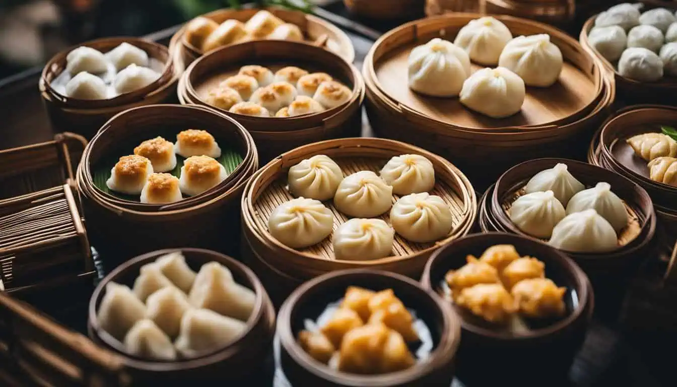 An assortment of dumplings arranged in baskets, representing the finest dim sum experience in Singapore.