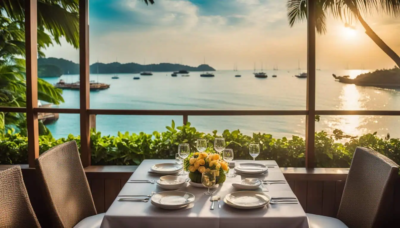 A beautifully arranged dinner table with ocean views, showcasing the best dining experience in Sentosa, Singapore.