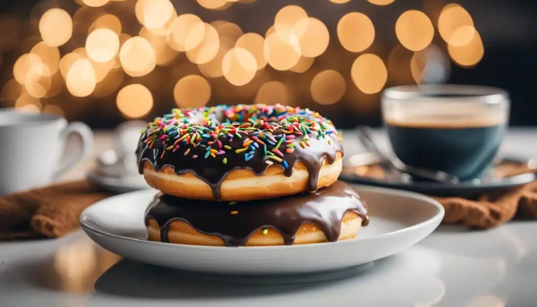 A white plate featuring two chocolate donuts topped with vibrant sprinkles, representing a tempting dessert option.