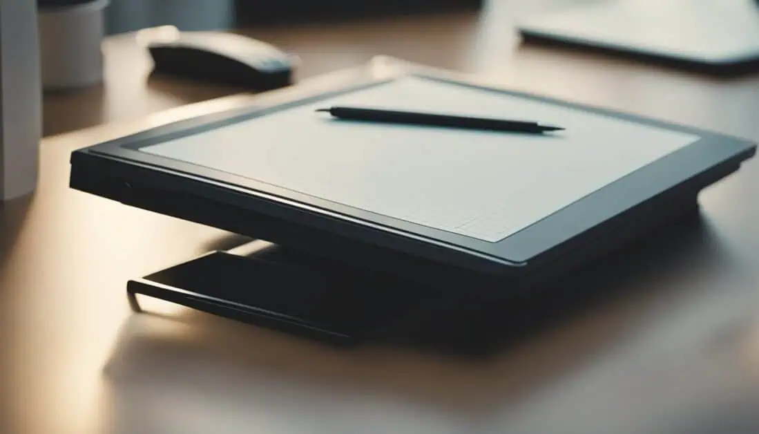 A tablet computer and pen are placed on a desk, showcasing tools for artists in Singapore's best drawing pad stores.