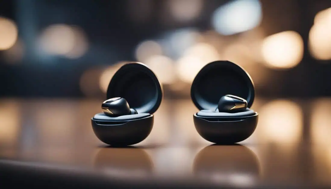 A pair of black earbuds positioned atop one another, highlighting premium audio accessories from Singapore's best earphones shop.
