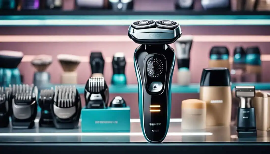 Close-up of a sleek electric shaver displayed on a shelf, showcasing top brands available in Singapore.