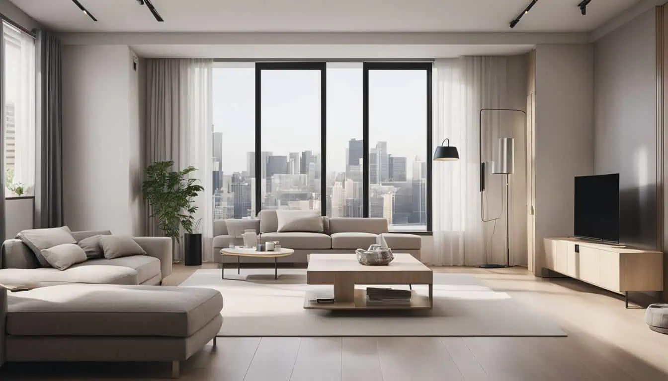 Modern living room featuring large windows showcasing a stunning city view, ideal for a stylish urban lifestyle.