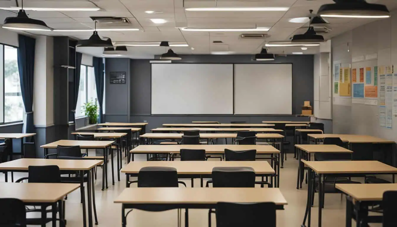 A vacant classroom with desks and chairs, representing the ideal setting for quality education at top English tuition centres in Singapore.