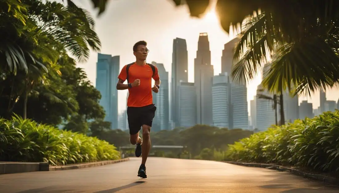 A man is seen running in a park, equipped with an exercise watch, against a backdrop of the city skyline.