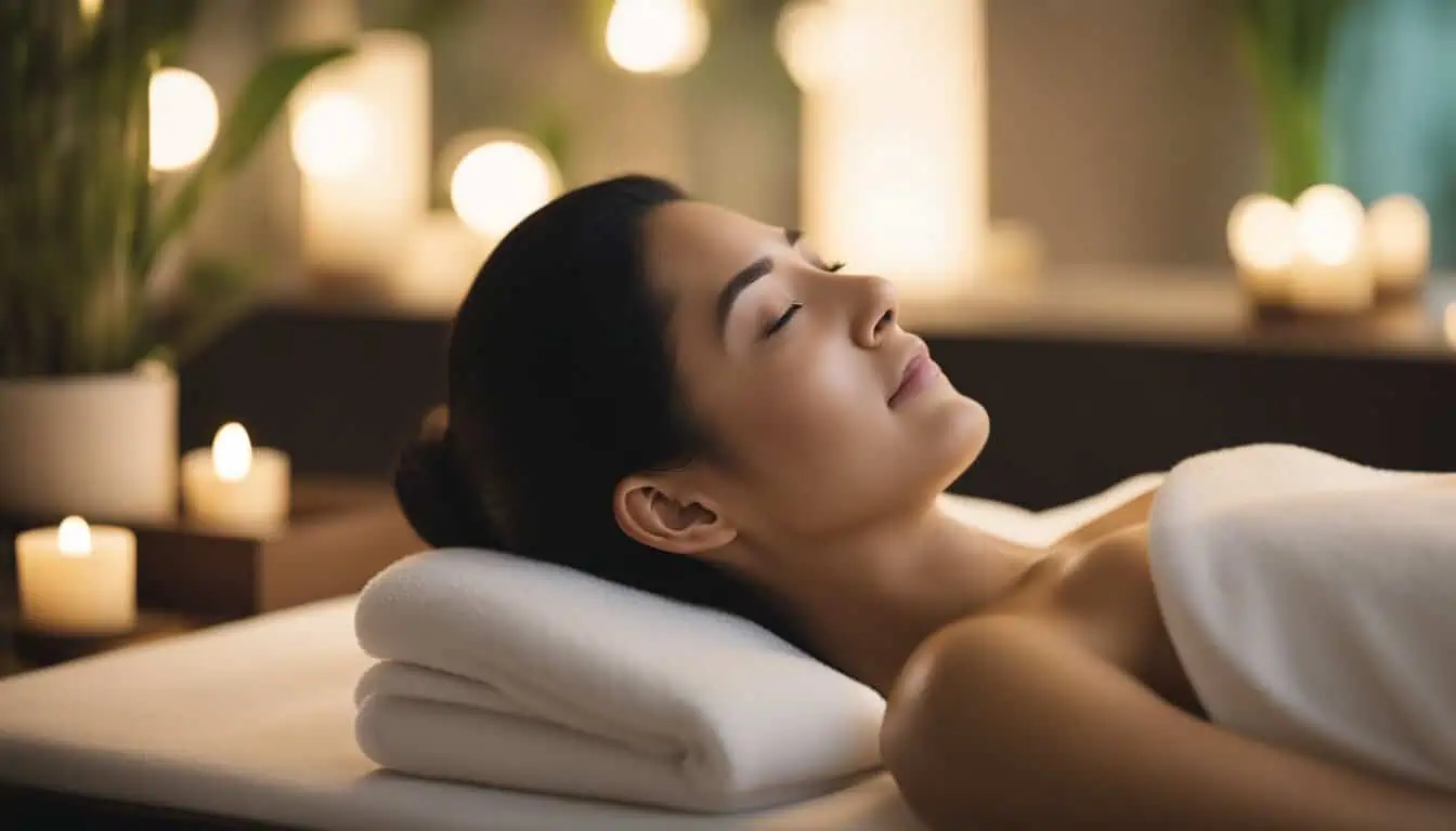 A woman relaxes on a massage table, surrounded by candles, showcasing the serene ambiance of Singapore's best facial treatment services.