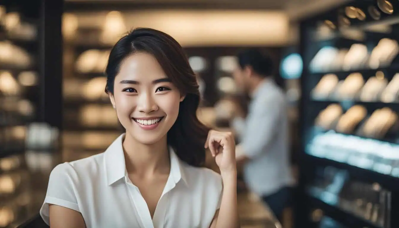 A woman smiles while exploring luxury watches in a high-end jewelry store in Singapore.