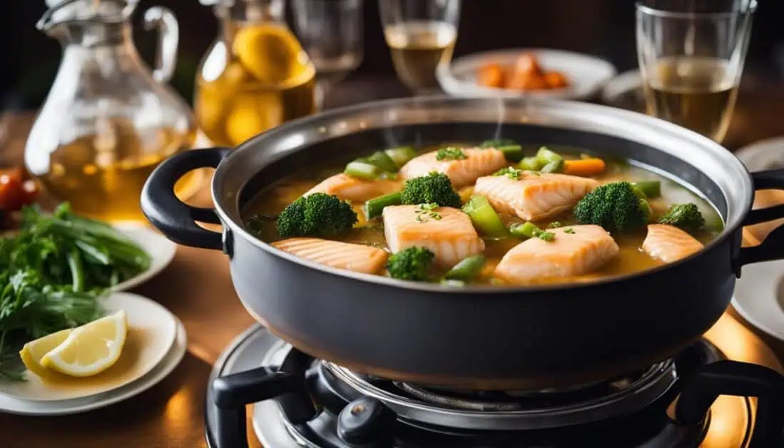 A pot filled with vibrant vegetables and fish, showcasing a delicious fish steamboat dish from a top restaurant in Singapore.