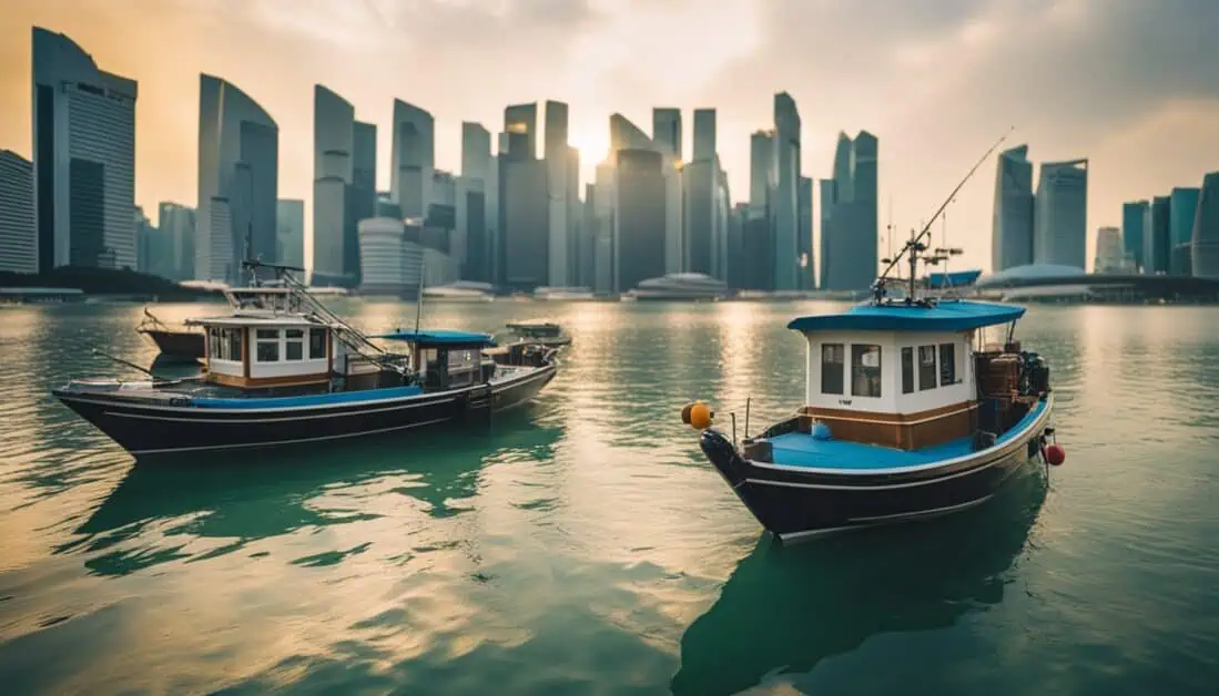 Two boats float in the water near Singapore's skyline, showcasing the city's best fishing spots for anglers.
