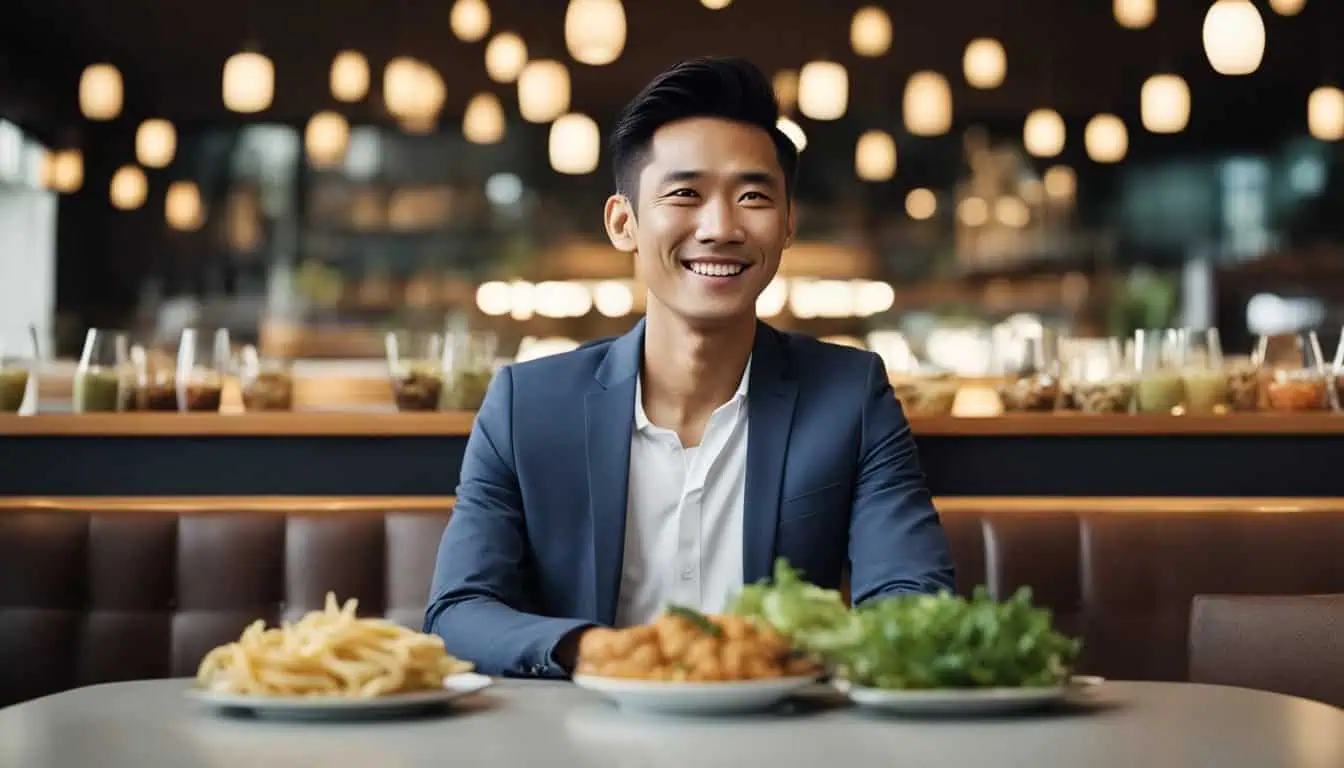 Asian man enjoying a meal and drink at a table in Jewel Changi, Singapore, showcasing the best food offerings.