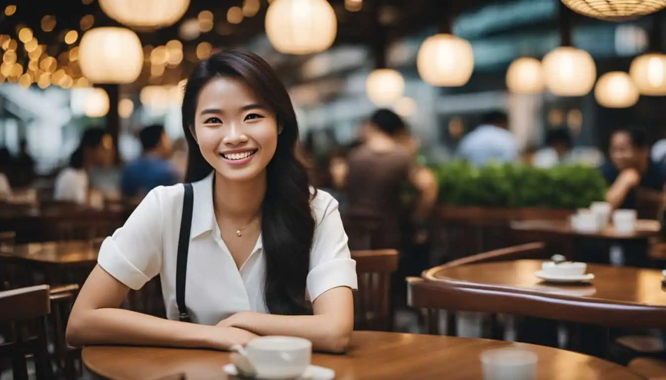 A cheerful Asian woman poses for the camera in a cafe, surrounded by the lively ambiance of Lau Pa Sat, Singapore.