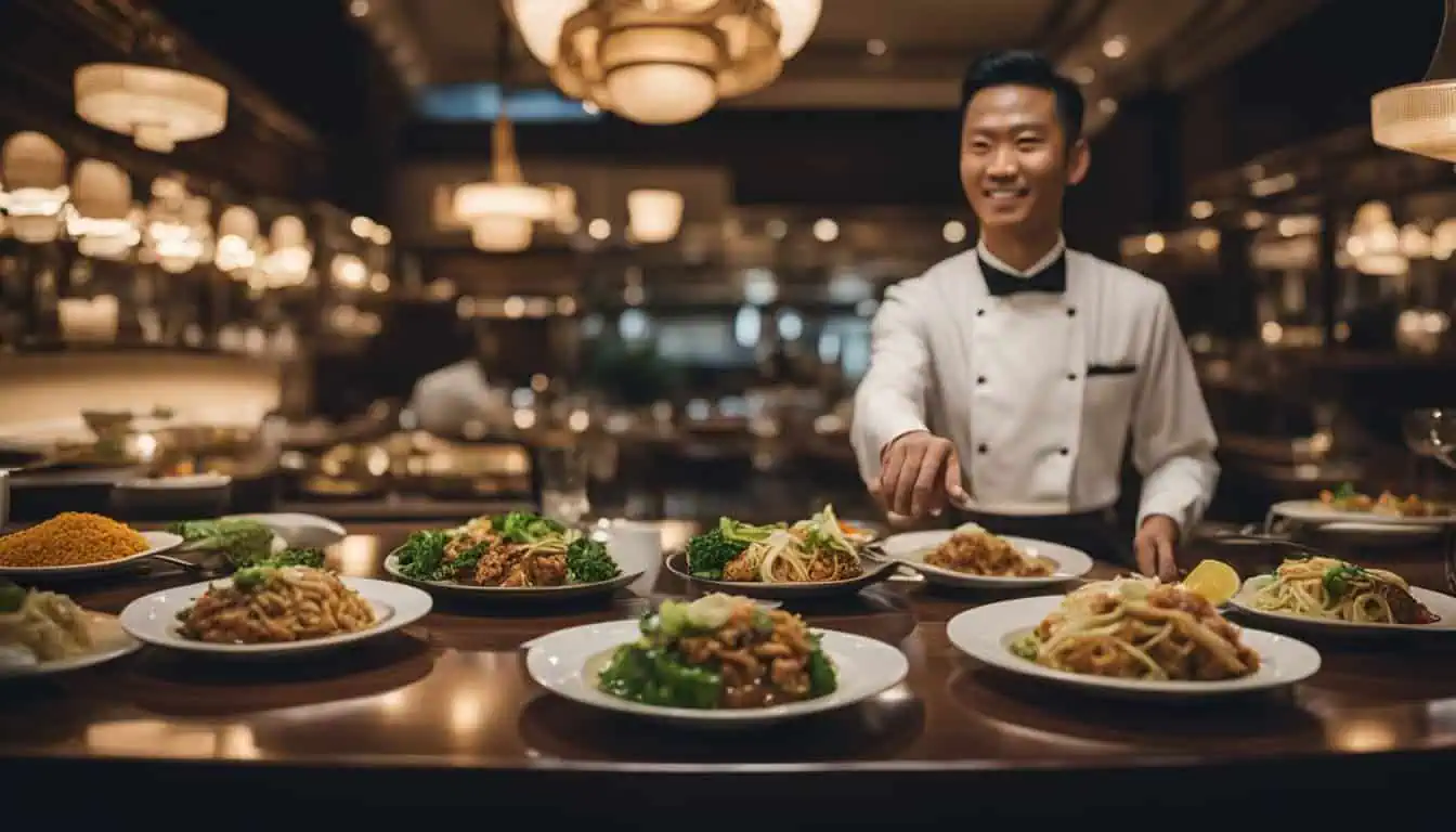 A waiter elegantly serving a delicious meal at a beautifully set table, showcasing top catering services in Singapore.