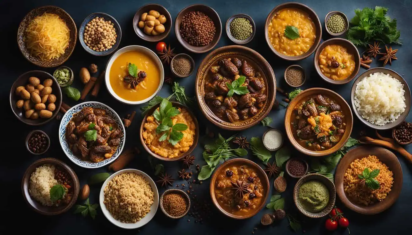 A table displaying an assortment of bowls filled with diverse dishes, showcasing the best food in Arab Street, Singapore.