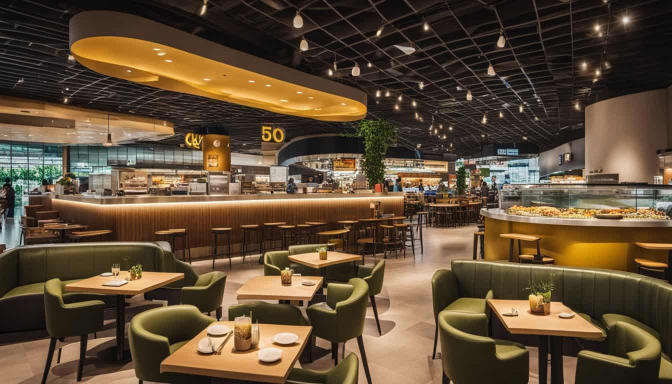 A restaurant in Changi Airport Terminal 1, featuring green chairs and tables, showcasing a vibrant dining atmosphere.