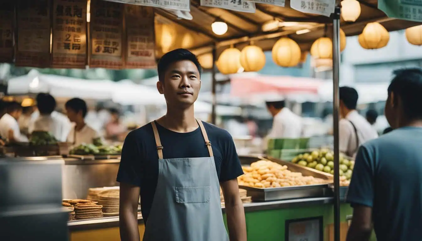 A man stands in front of a food stand, showcasing the best food in City Hall, Singapore.