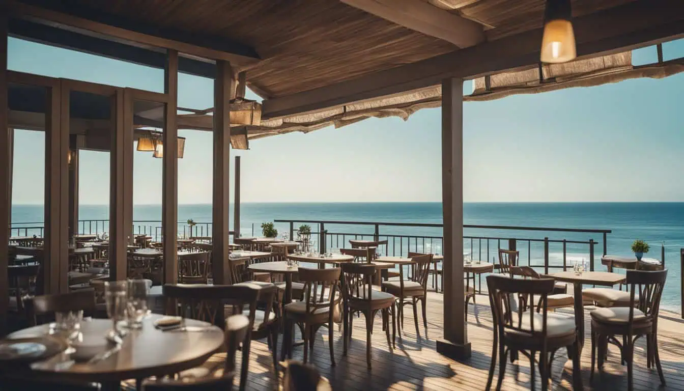A restaurant with tables and chairs offering ocean views, showcasing the best food in East Coast, Singapore.