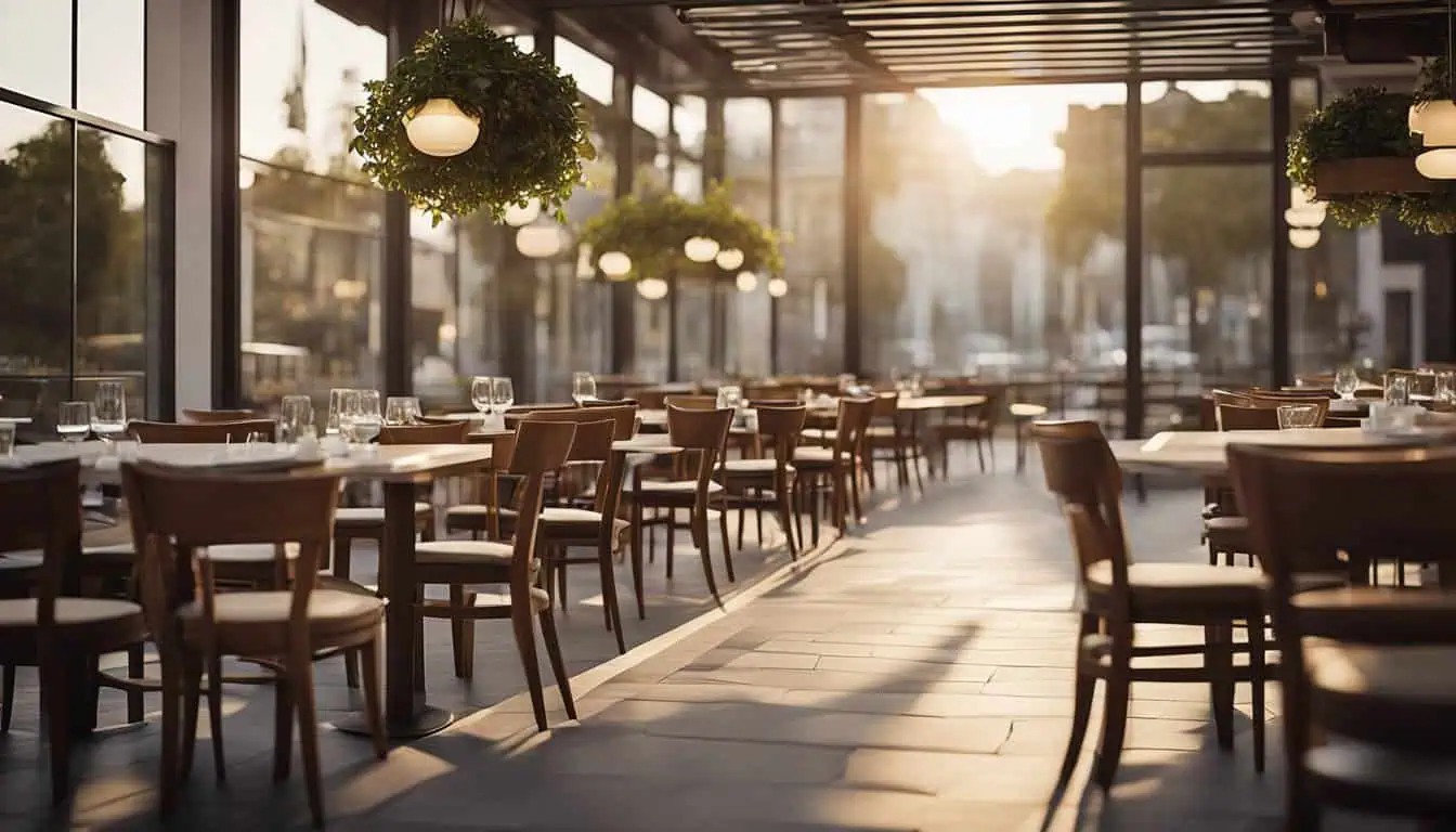 A restaurant in Geylang, Singapore, featuring tables and chairs by a large window, showcasing a vibrant dining atmosphere.