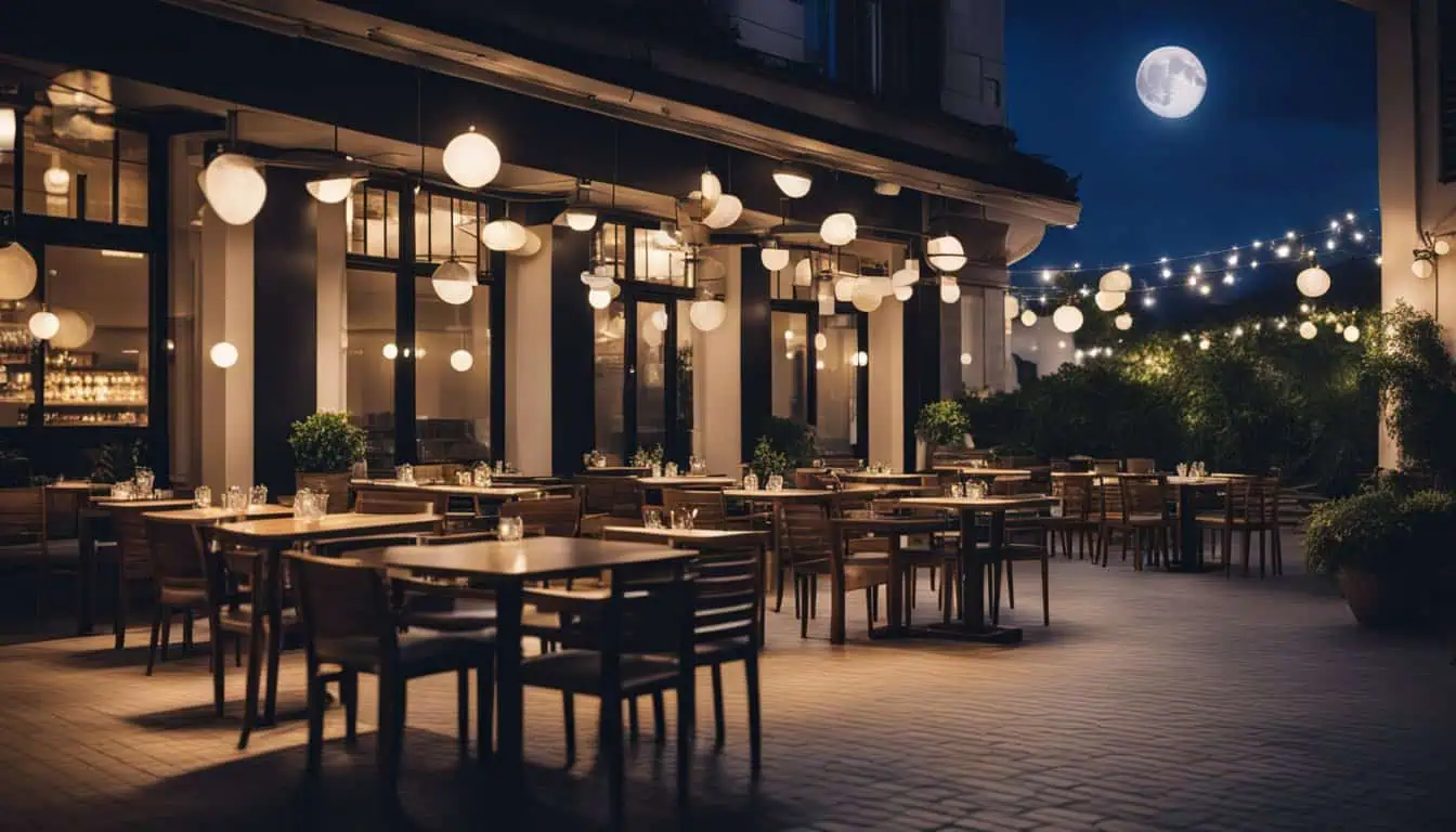 A cozy restaurant in Katong, Singapore, featuring tables and chairs illuminated at night, inviting guests to dine.