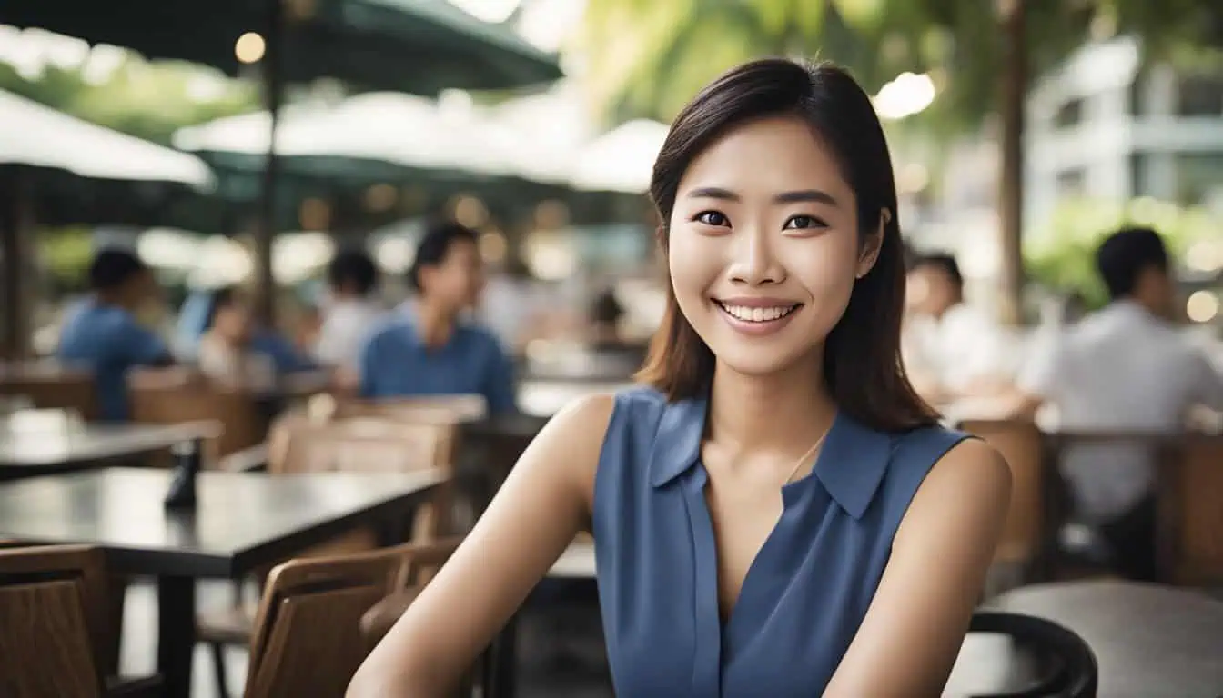 A woman smiles joyfully while dining at a restaurant known for the best food in Pasir Ris, Singapore.