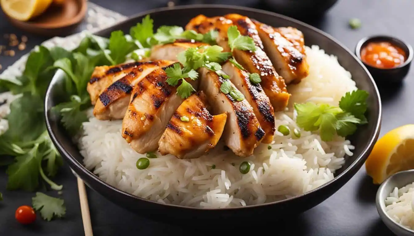 A succulent chicken breast served with rice and vegetables, presented against a sleek black background, showcasing culinary excellence.