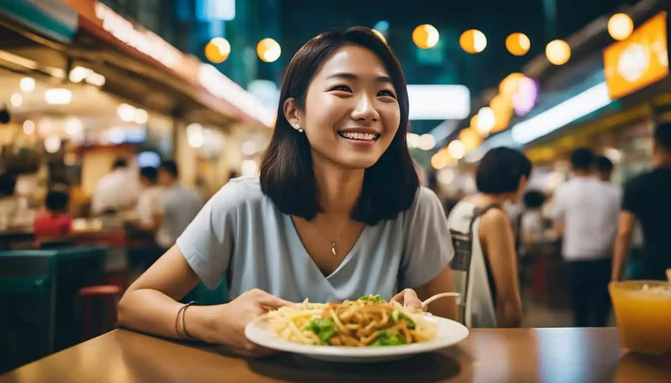 A woman enjoys a bowl of noodles with a smile at a restaurant in Sengkang, Singapore, known for its best food.
