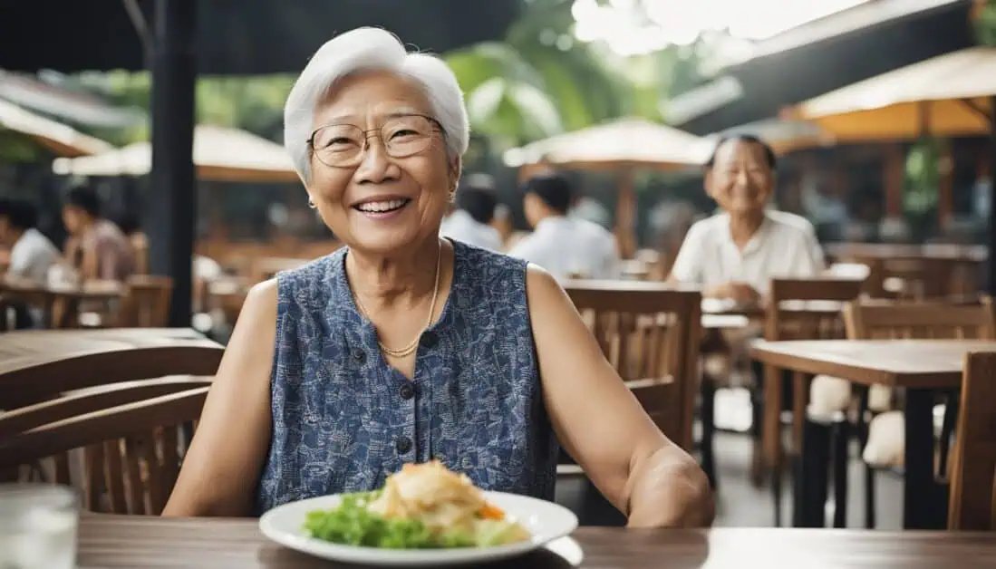 An older woman enjoying a meal at a table, showcasing the best food in Suntec City, Singapore.