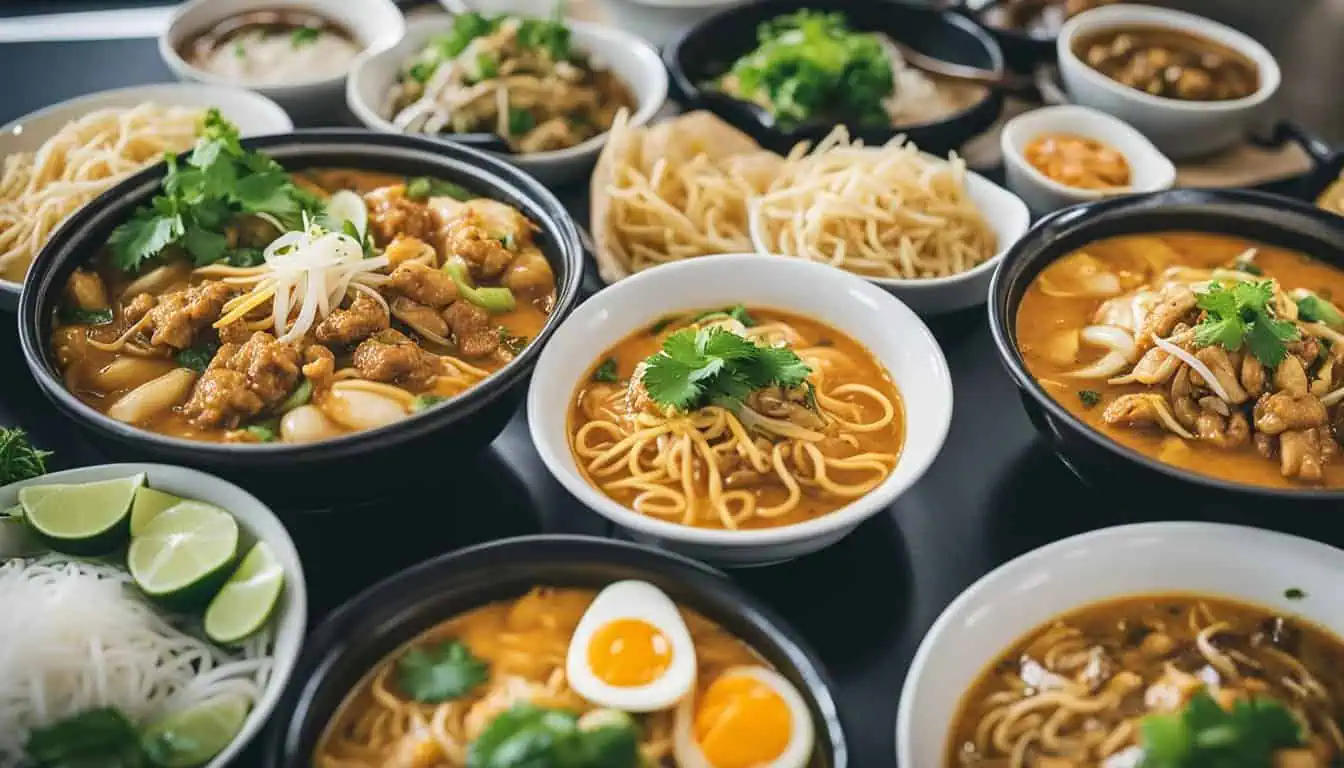 A selection of bowls featuring noodles, meat, and vegetables, showcasing the best food at Tampines Mall, Singapore.