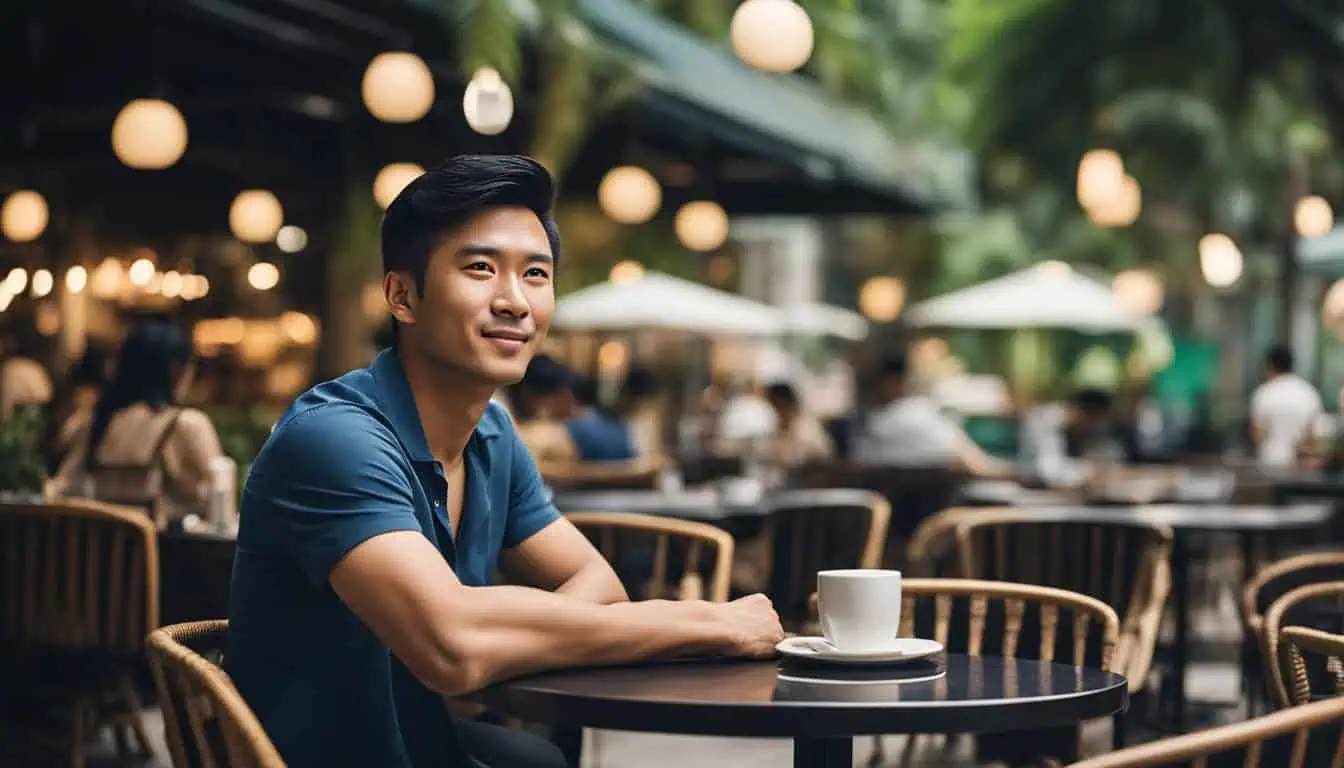 Asian man enjoying coffee at an outdoor café table in Yishun, Singapore, surrounded by a vibrant atmosphere.