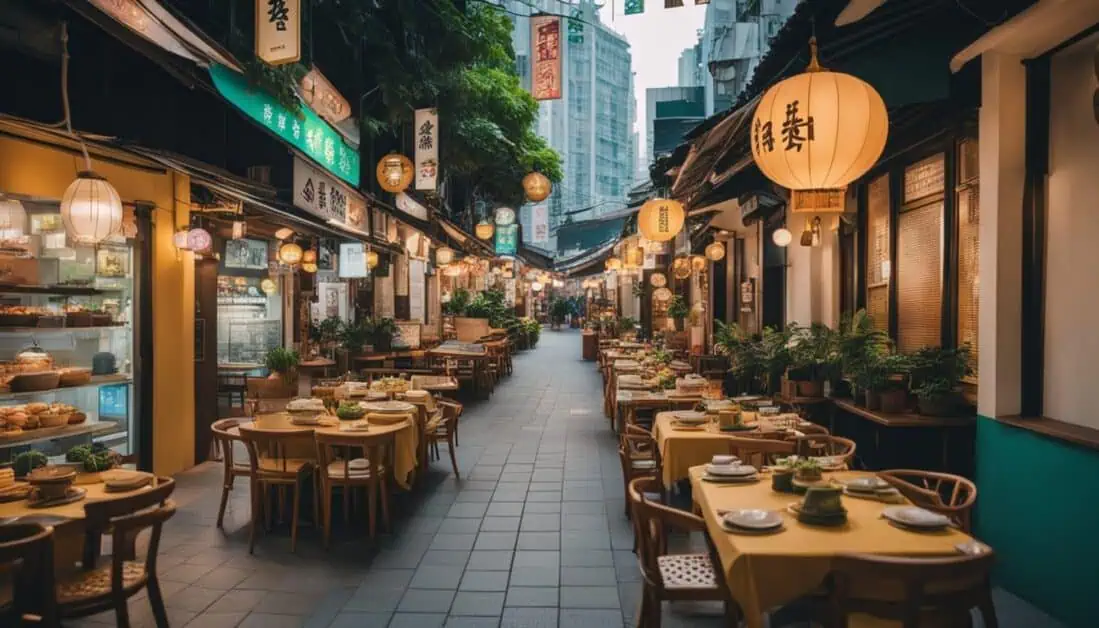A narrow street lined with tables and chairs outside an Asian restaurant, showcasing the best food locations in Amoy Street.