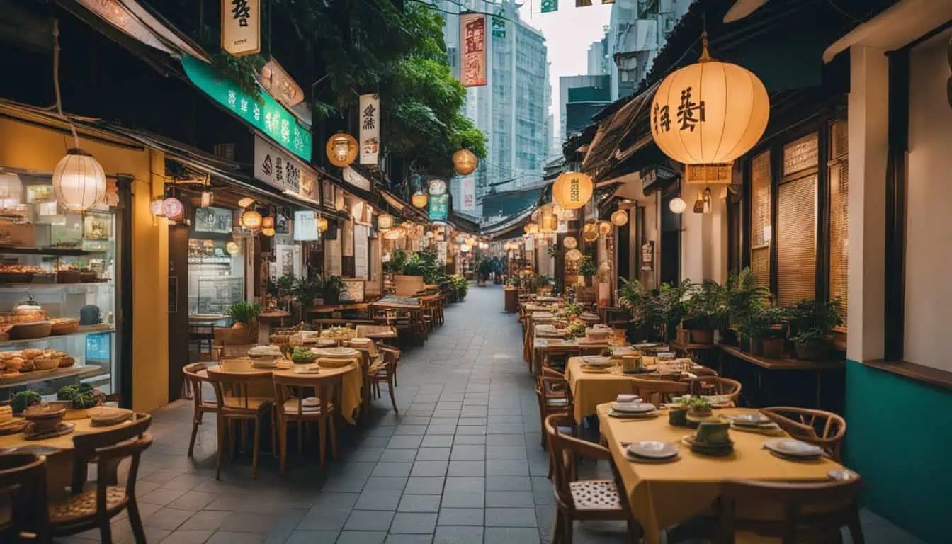 A narrow street lined with tables and chairs outside an Asian restaurant, showcasing the best food locations in Amoy Street.