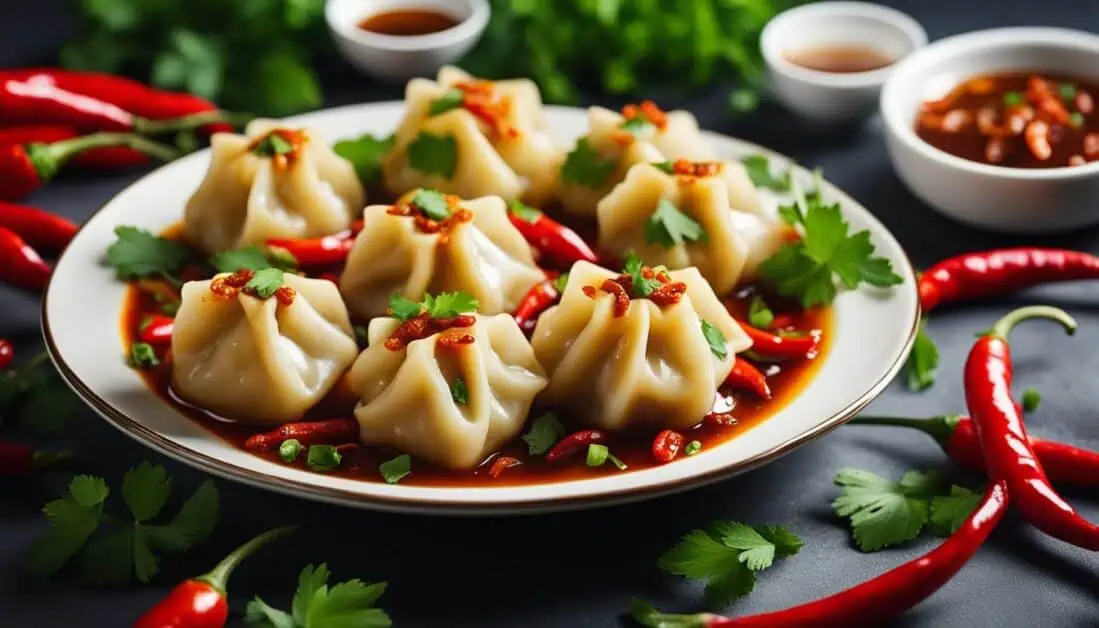 Chinese dumplings served with sauce and chili peppers at the Best Food Place in Bishan, Singapore.