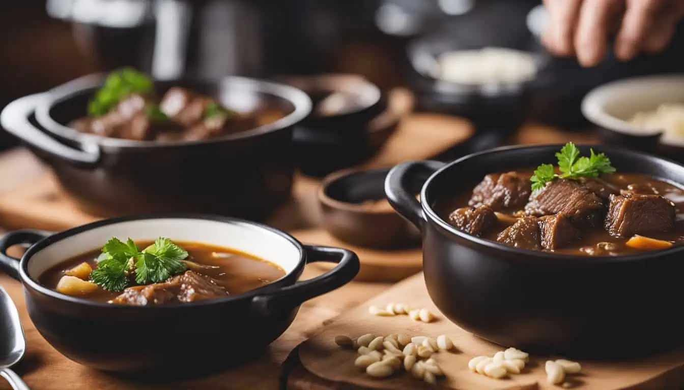 A hearty beef stew served in black bowls, elegantly displayed on a rustic wooden table at the Best Food Place in Jalan Besar, Singapore.