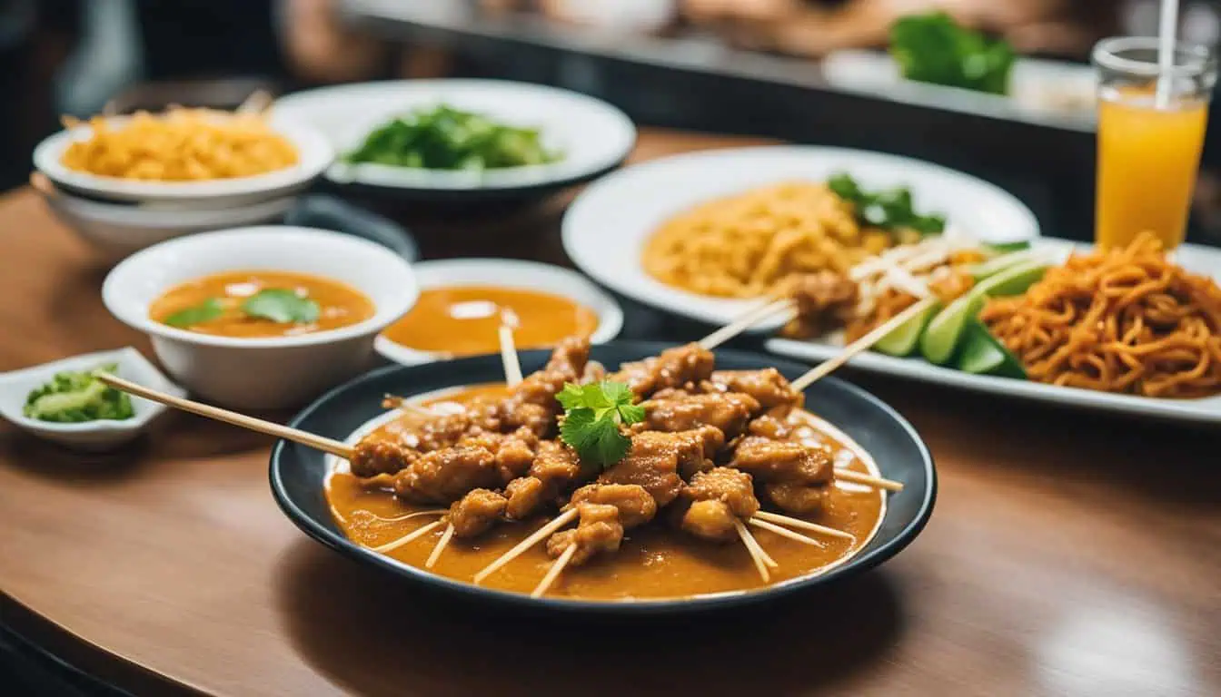 A table displaying an array of skewered dishes, showcasing the best food offerings in Bugis, Singapore.