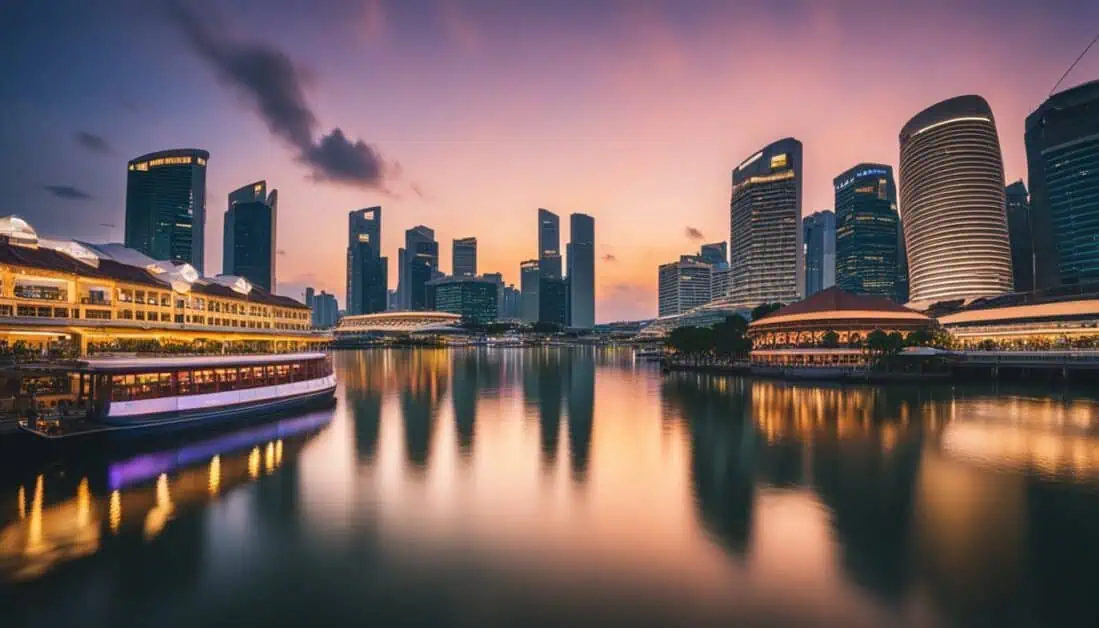 The stunning Singapore skyline at sunset, with a boat gliding on the water, showcasing Clarke Quay's best dining locations.