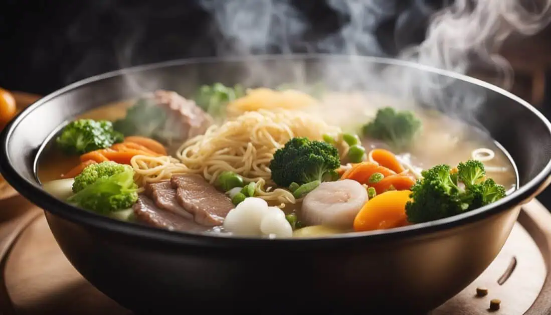 A bowl of noodles topped with meat and fresh vegetables, showcasing a delicious dish from Jurong East, Singapore.