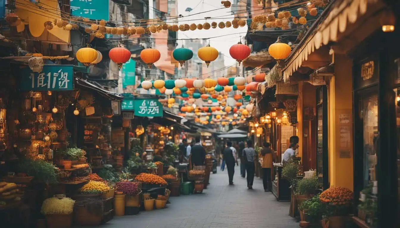 A vibrant narrow street in Little India, Singapore, adorned with colorful lanterns, showcasing the area's rich culture.