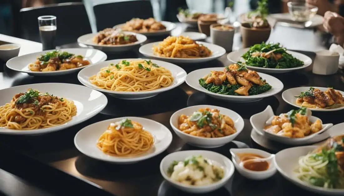 A table laden with various plates of delicious food, showcasing the best culinary offerings in Orchard, Singapore.