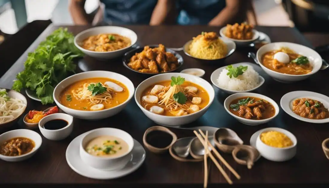 A table set with various bowls of food and chopsticks, showcasing the best dining options in Serangoon, Singapore.