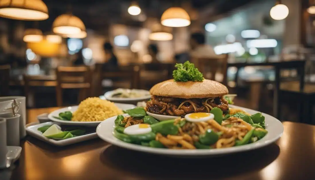 A beautifully arranged plate of food on a table at a restaurant in Serangoon, Singapore, showcasing local culinary delights.