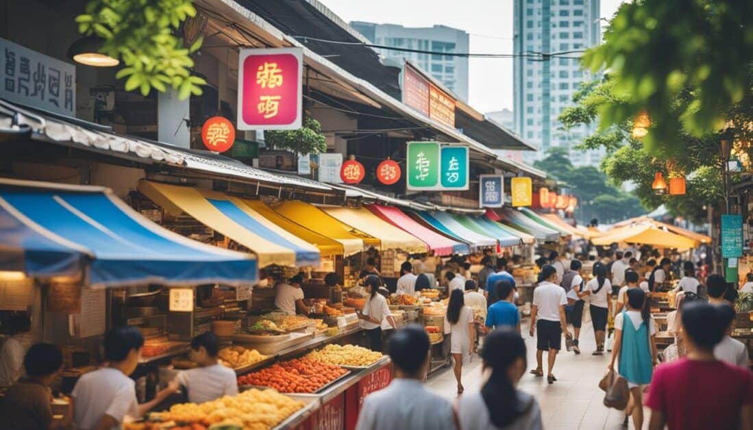 People stroll through a vibrant Asian market in Tampines, Singapore, surrounded by fresh fruits and vegetables.