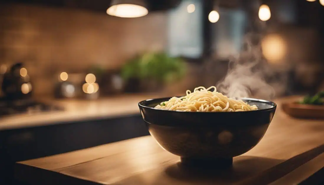 A bowl of noodles sits on a kitchen table, showcasing a delicious meal in Tanjong Pagar, Singapore.