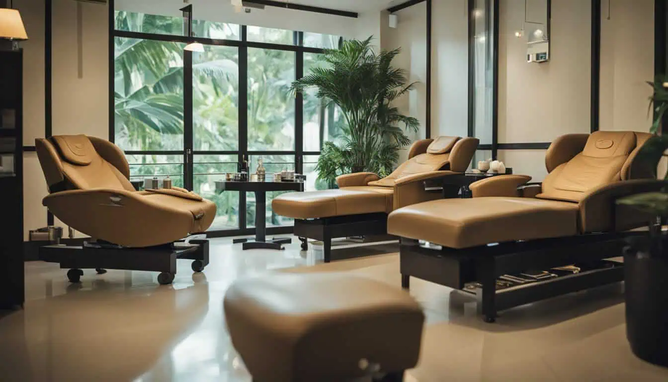 A stylish salon with inviting chairs and a table, designed for foot reflexology services in Singapore.