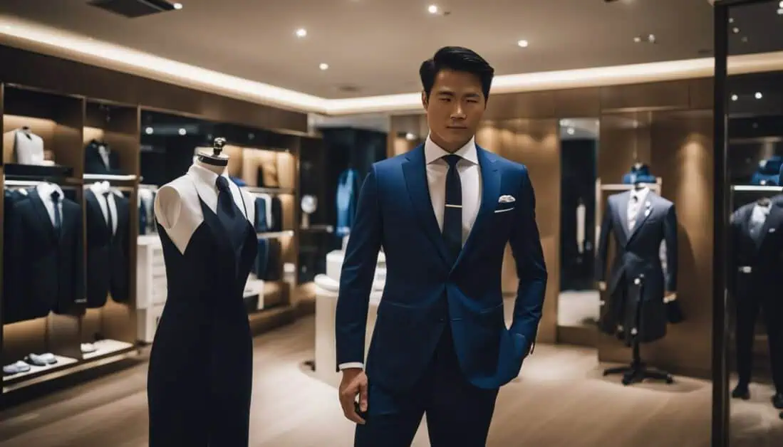 A man in formal attire stands before a selection of suits, highlighting premier formal wear brands available in Singapore.