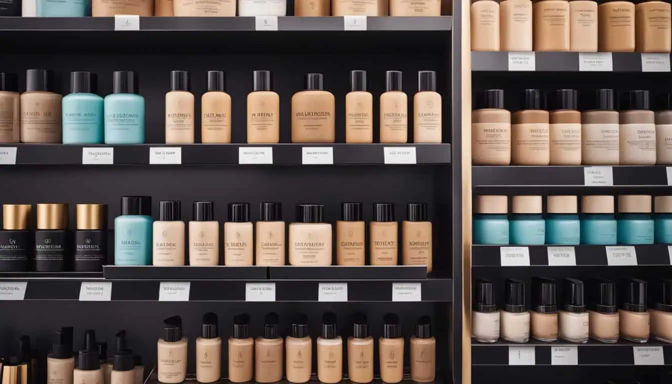 A variety of makeup products displayed on shelves, highlighting the best foundations for oily skin in Singapore.