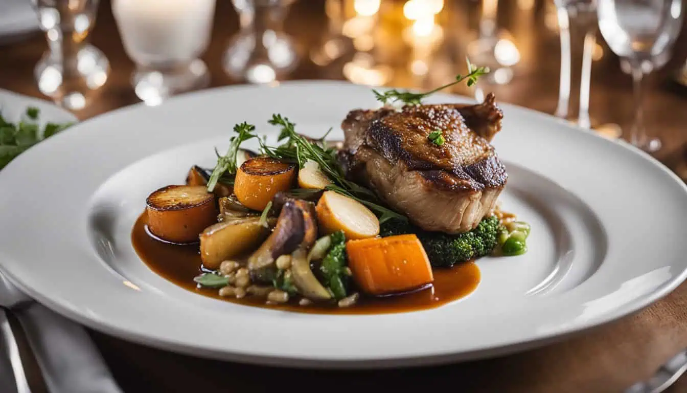 A gourmet dish showcasing fresh vegetables and tender meat, presented at a charming French bistro in Singapore.