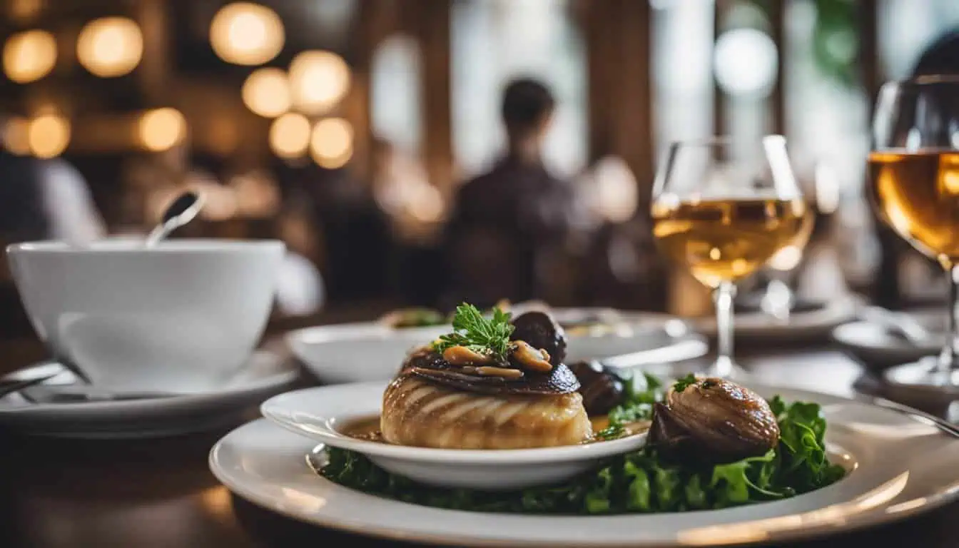 A beautifully arranged table featuring exquisite French cuisine and elegant wine glasses, showcasing Singapore's culinary delights.