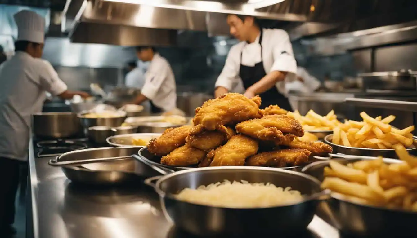 A bustling kitchen filled with various foods and chefs preparing dishes, showcasing the vibrant culinary scene in Singapore.