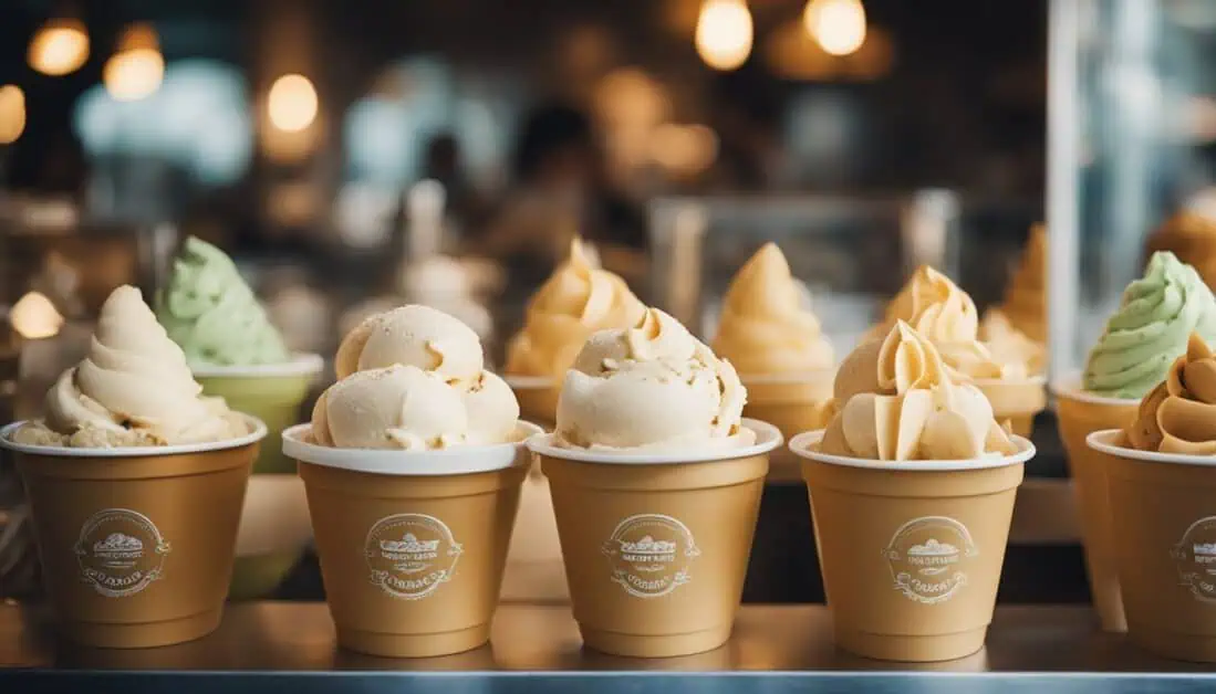 A vibrant lineup of gelato cups on a counter, representing the top gelato stalls in Singapore.